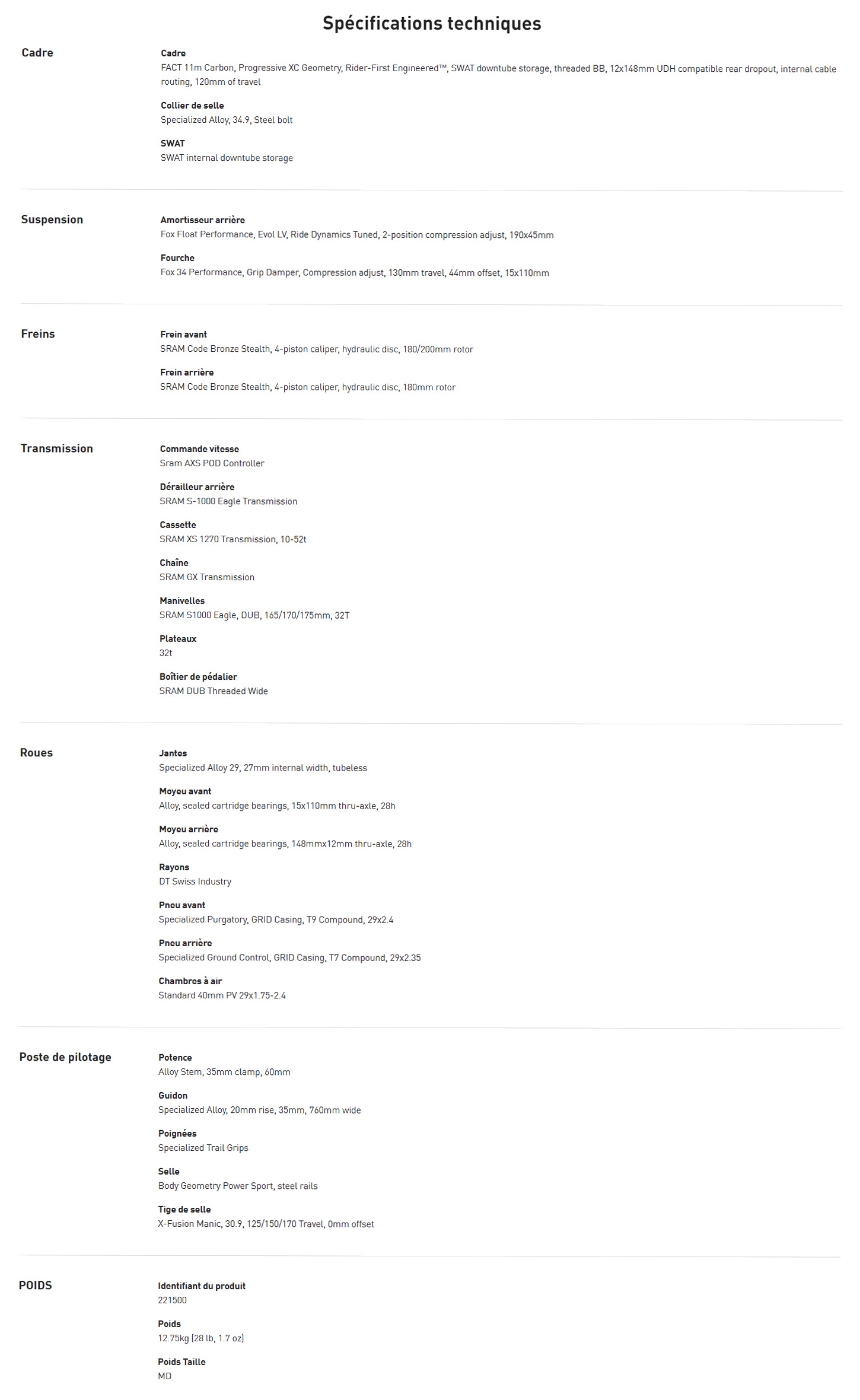 Caracteristique Technique du vélo Epic 8 EVO Comp Année 2025